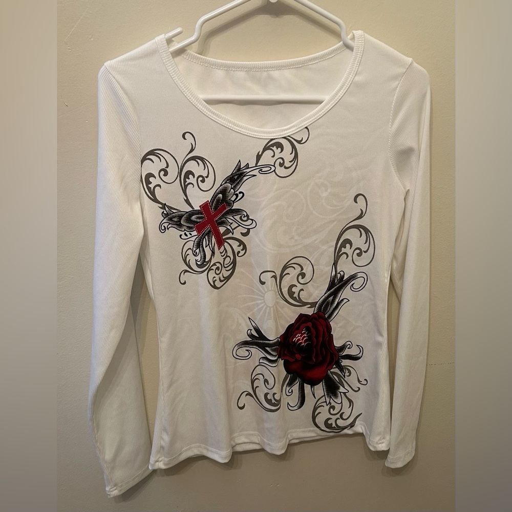 White and Red Floral Long Sleeve Top